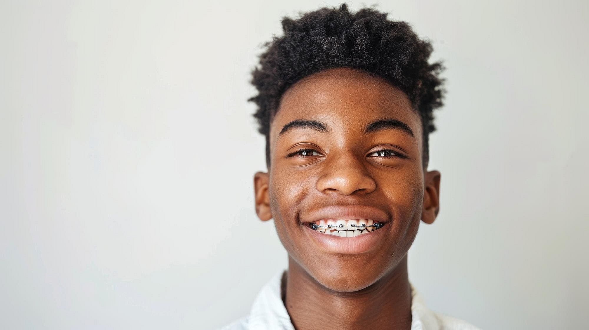 Smiling teen boy with short curly hair and braces at BeSpoke Orthodontics in Burtonsville, MD, against a light background.
