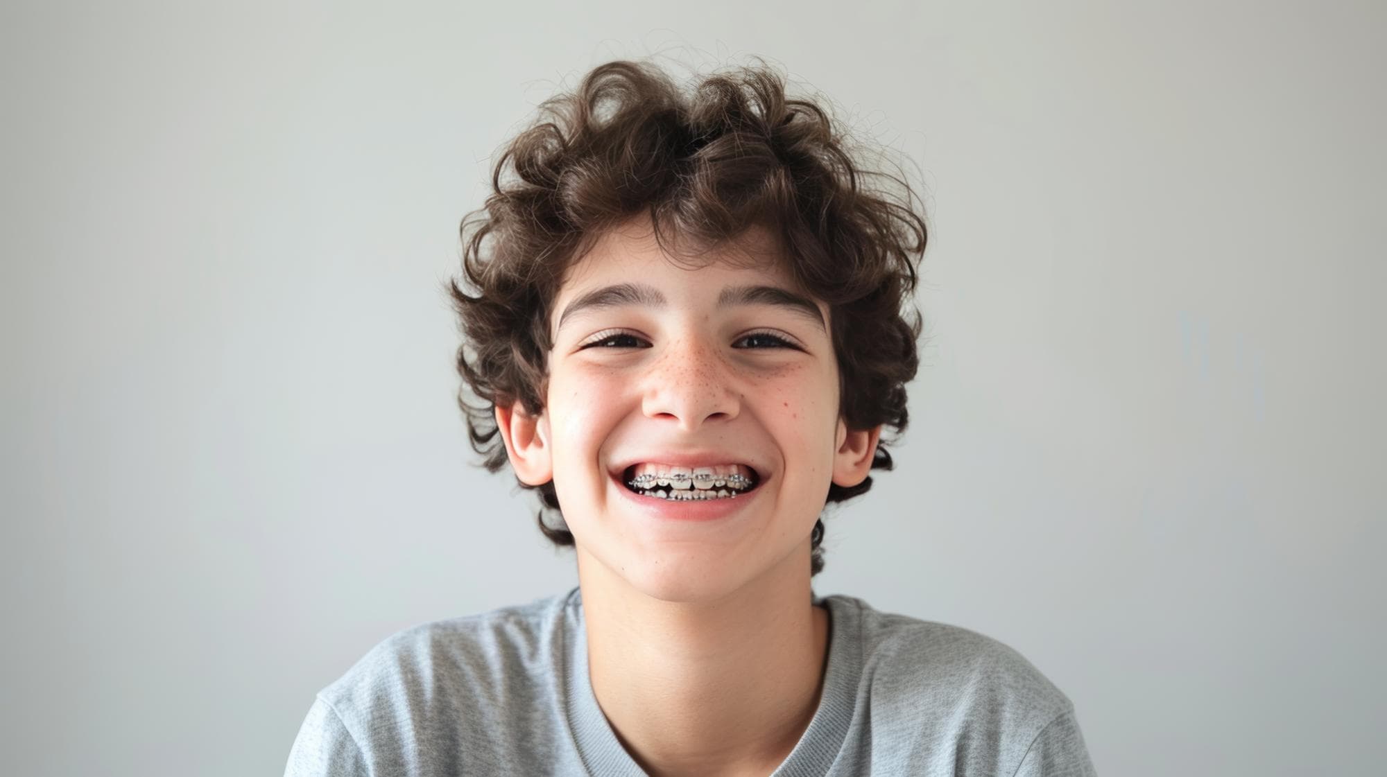 Smiling with braces, a young person in a gray shirt is pictured at BeSpoke Orthodontics in Burtonsville, MD.